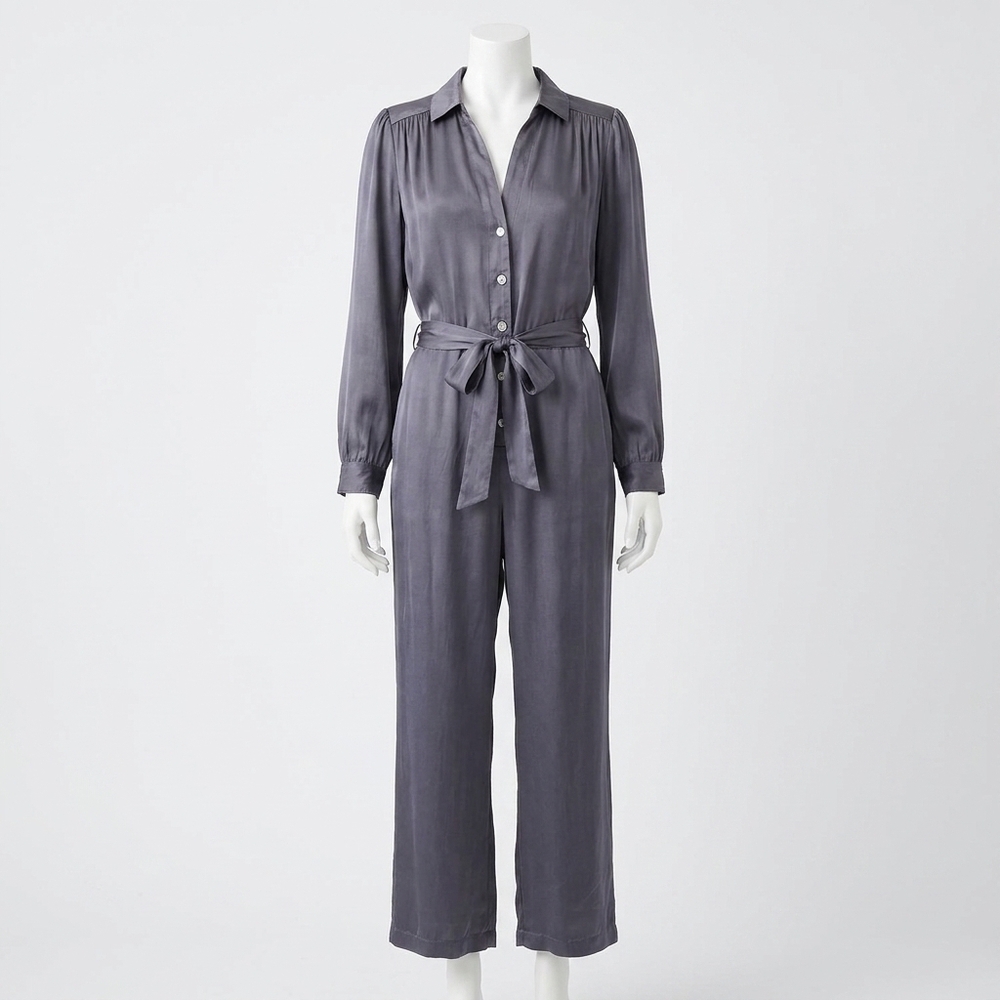 NEW BELLA DAHL women's gathered button front jumpsuit in smoke shadow